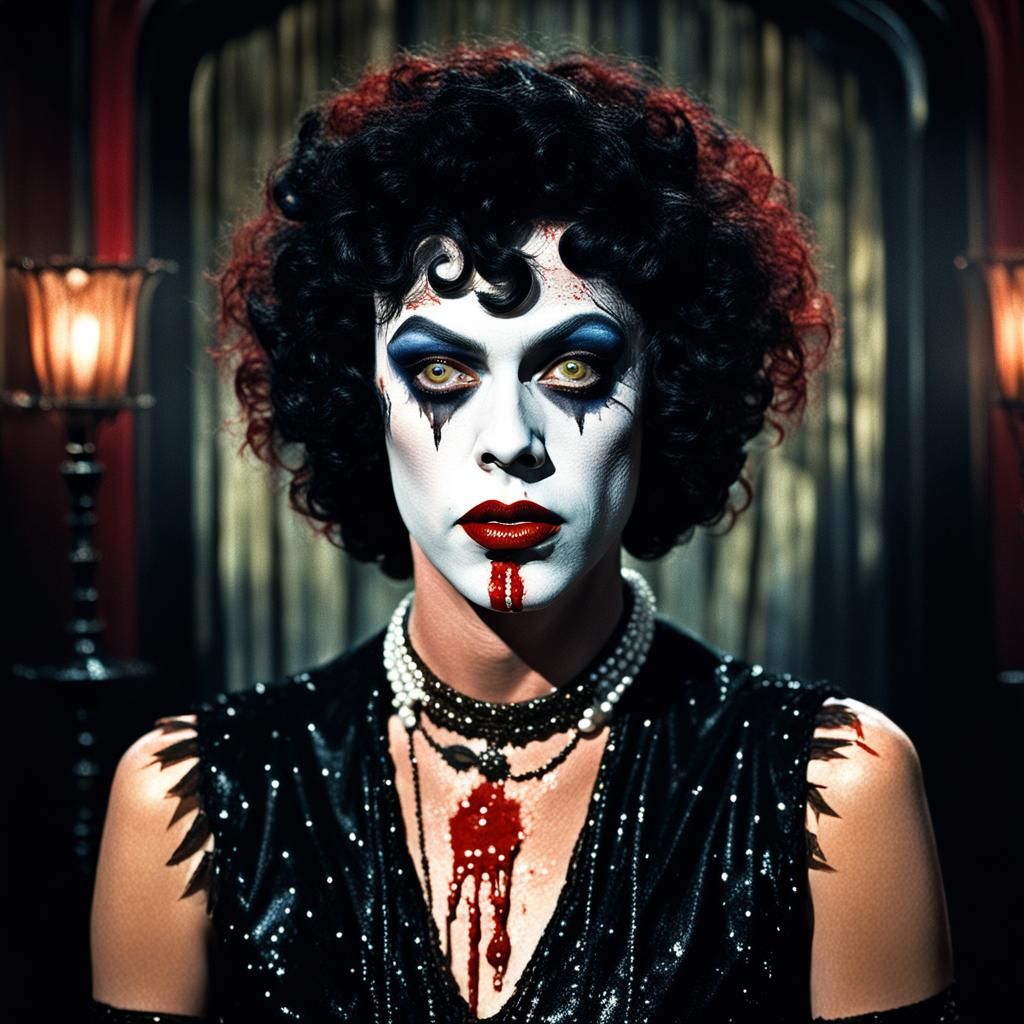 rocky horror picture show tim curry Dr Frank-N-Furter as a 1920s flapper with bloody pearls