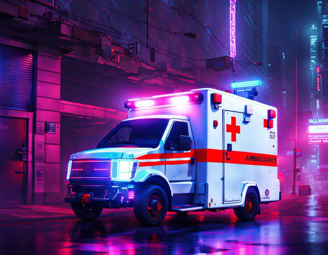 Cyberpunk Ambulance on Depressing Neon Street