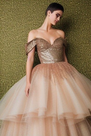 Beautiful Woman in Rose Gold Beaded Wedding Dress