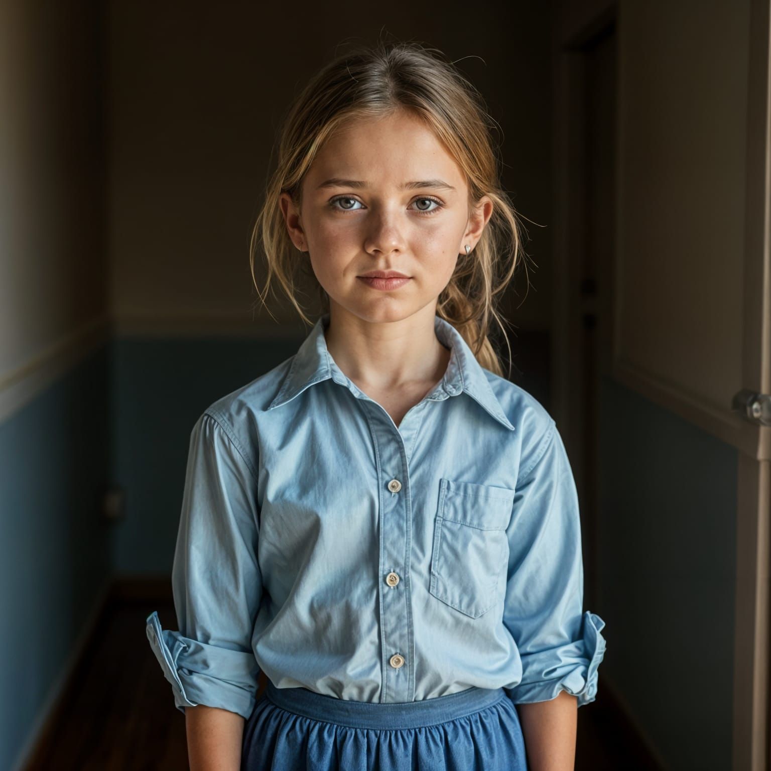 Modest Girl in Blue Shirt and Skirt Portrait