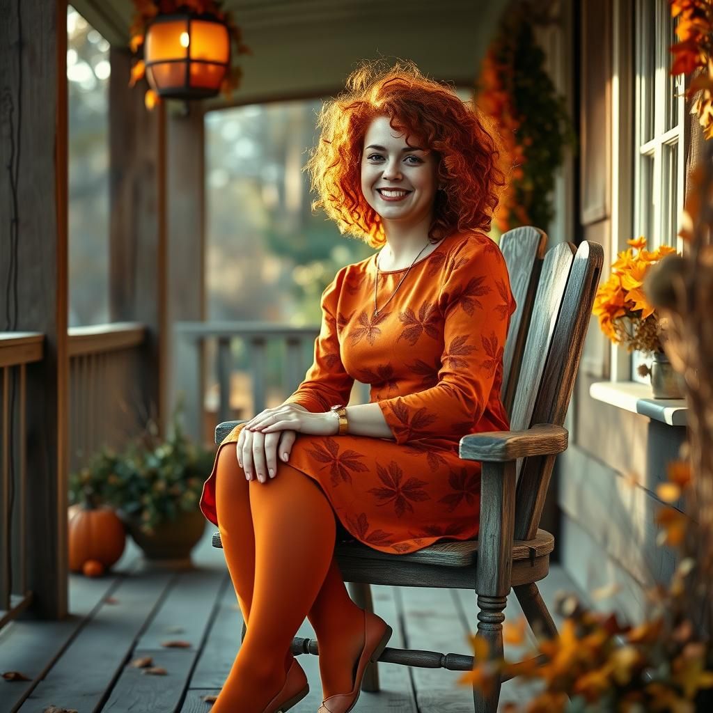 Redhead in Autumnal Dress on Veranda