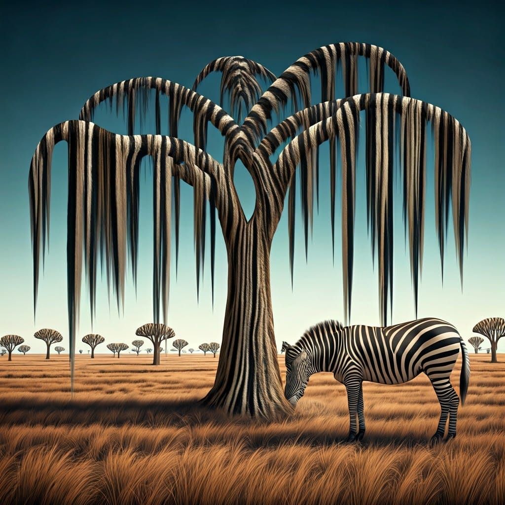 Surreal Forest with Black and White Fur Stripe Trees and a C...