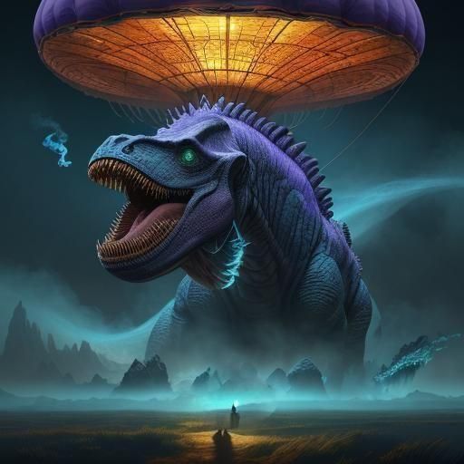 Surreal Dinosaurs Float in Blue Hot Air Balloon