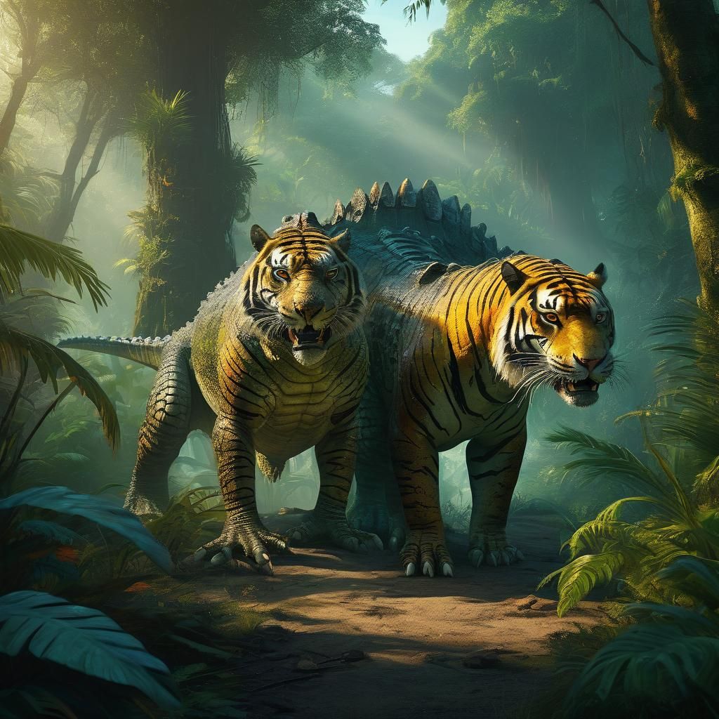 Crocodile and Tiger in Jungle Clearing, Oil Painting