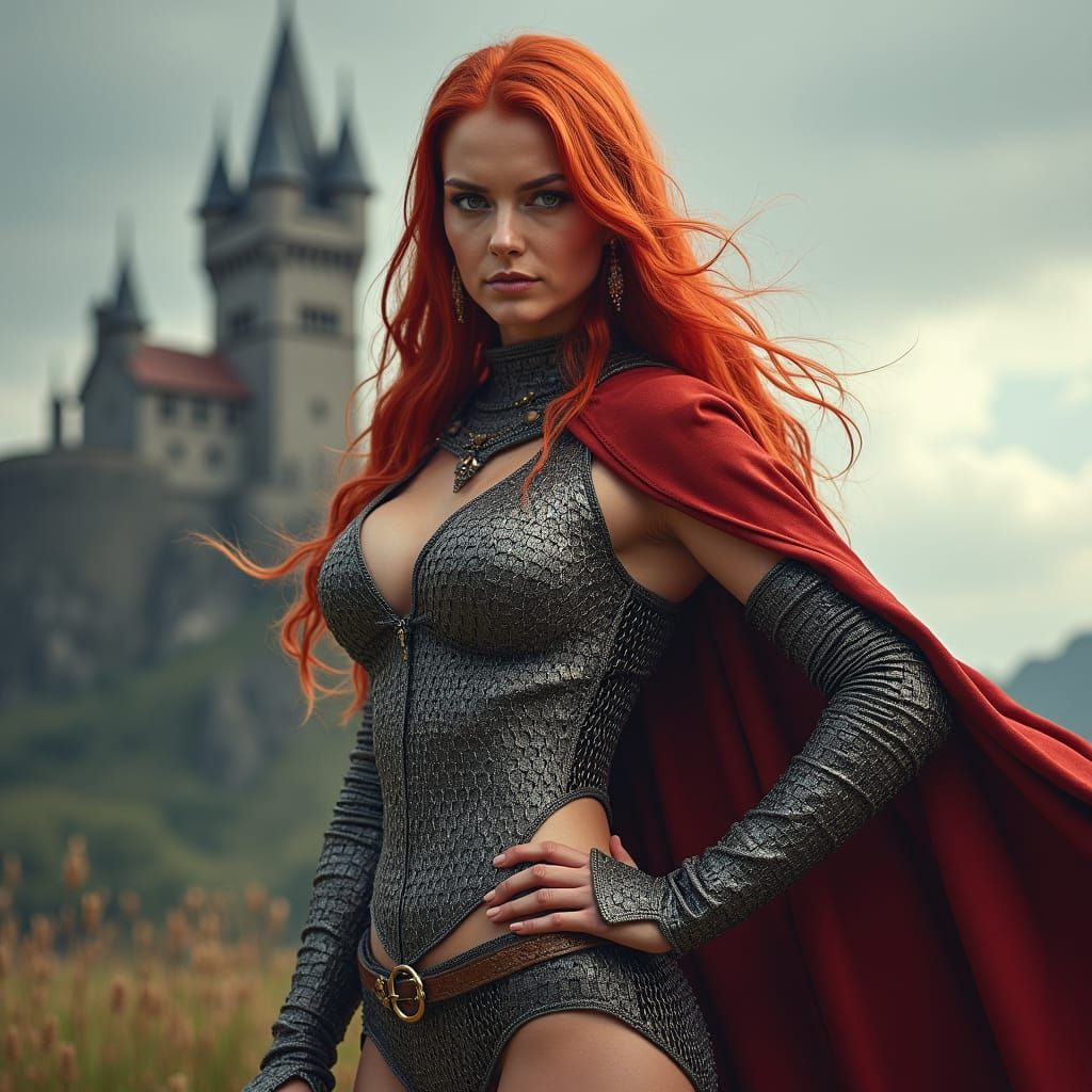 Red Sonja, dressed in chainmail bikini, stands defiantly, holding a sword in her right hand, long red hair, castle in ba...