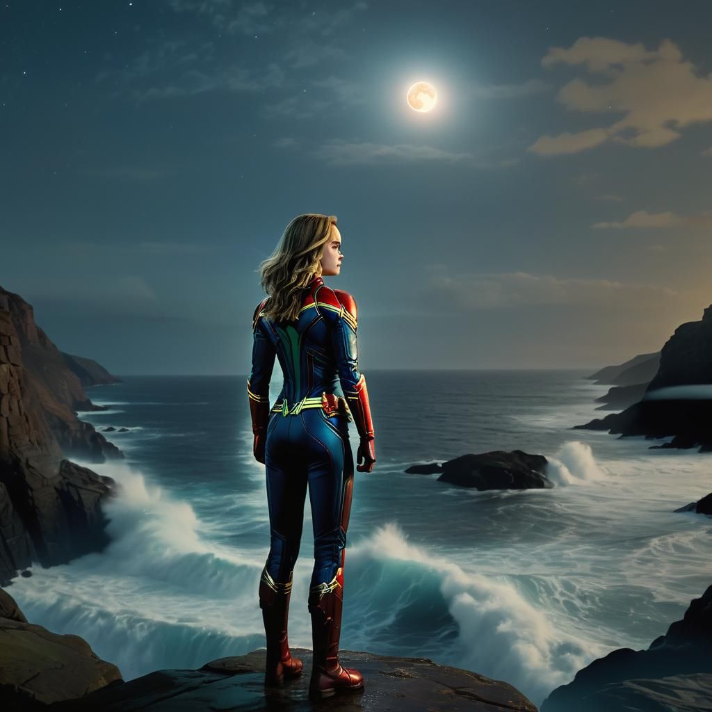 Captain Marvel Gazing at Bioluminescent Ocean