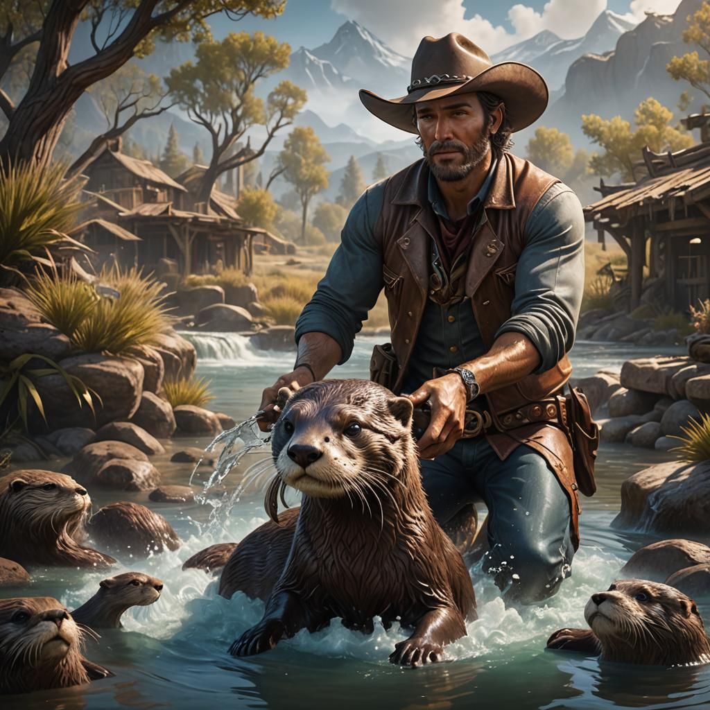 Cowboy Bathing an Otter in Detailed Matte Painting