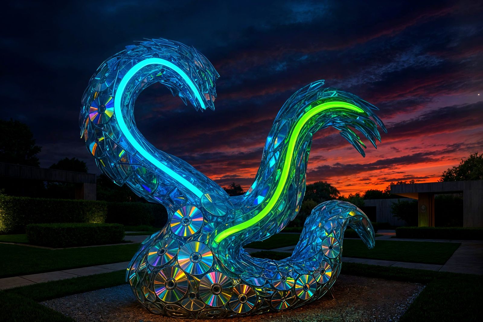 Futuristic CD Serpent Garden Sculpture in Twilight