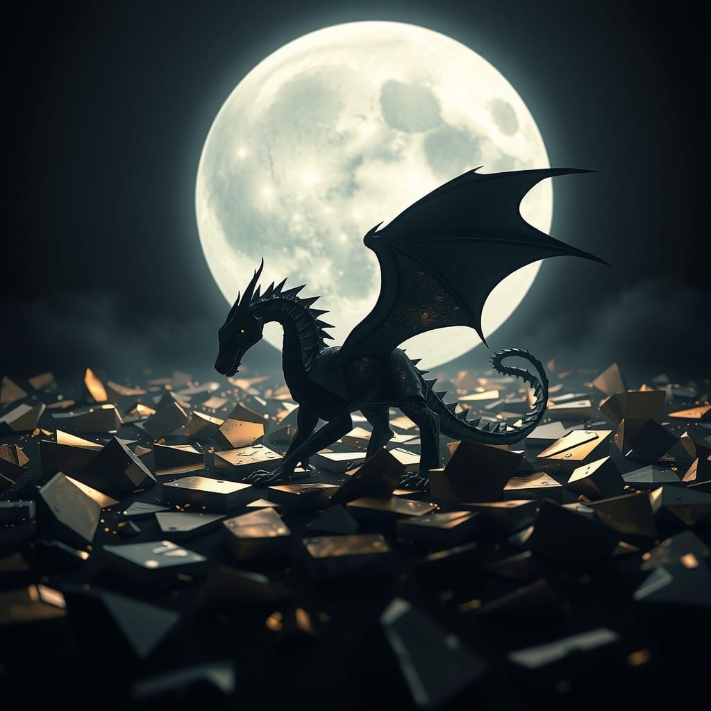 Majestic Origami Dragon in Moonlit Landscape
