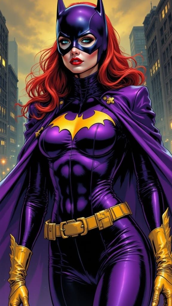 Batgirl in traditional purple uniform, head and shoulders po...