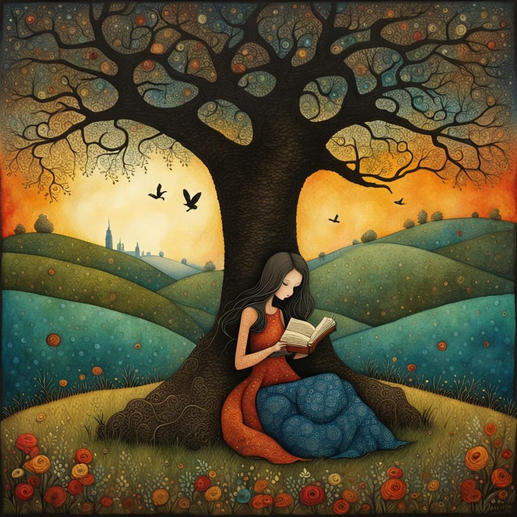 Girl Reading with Rabbit: Surreal Watercolor Art