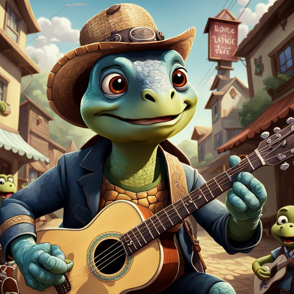 Cartoon Turtle Singer with Guitar in Village