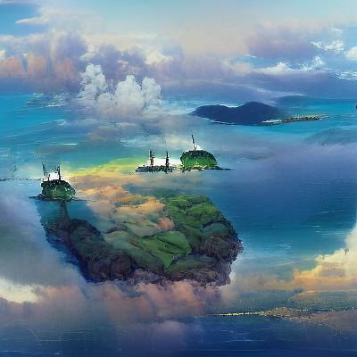 Floating Islands Above Storm in Anime Style
