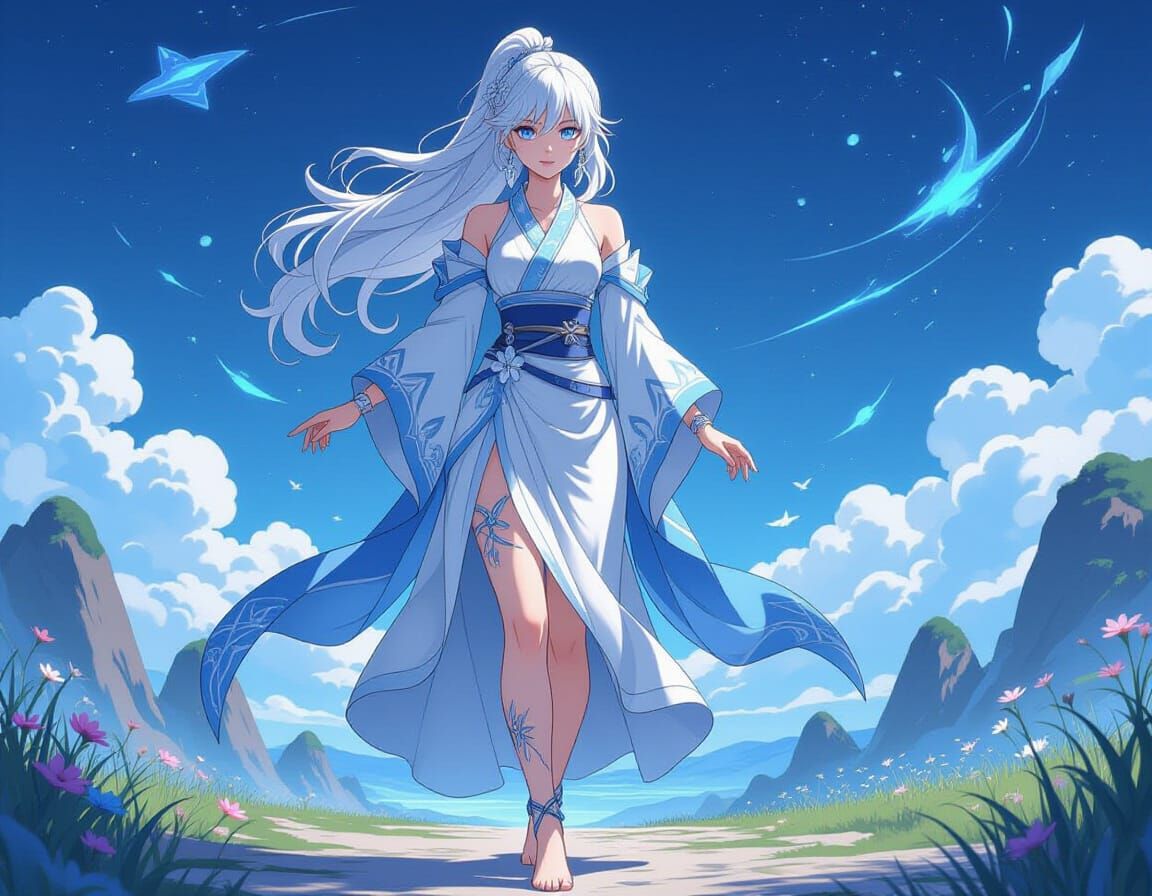 Anime Woman with Flowing Dress in Sci-Fi Setting