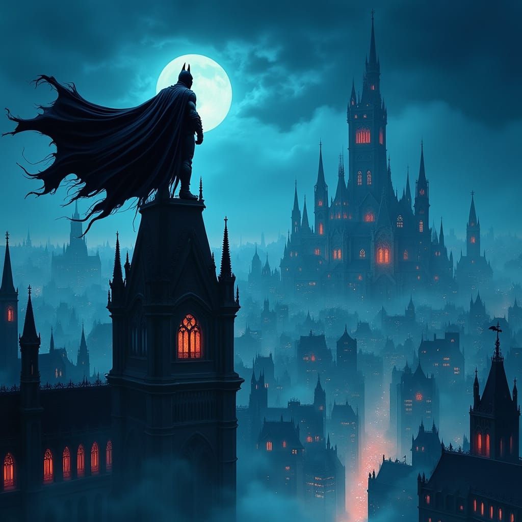 Hellish Gotham Cityscape with Batman Overlooking Infernal Me...