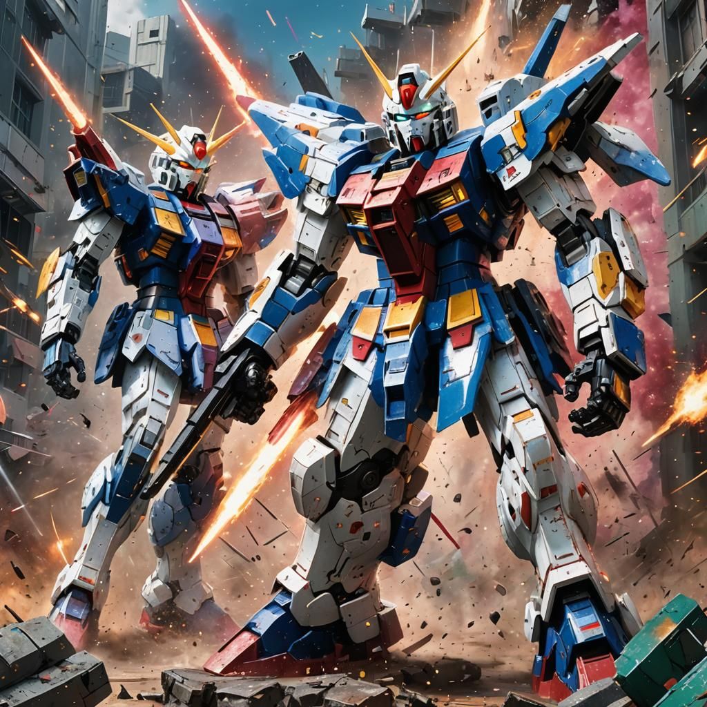 Epic Gundam Battle in Hyperrealistic Style