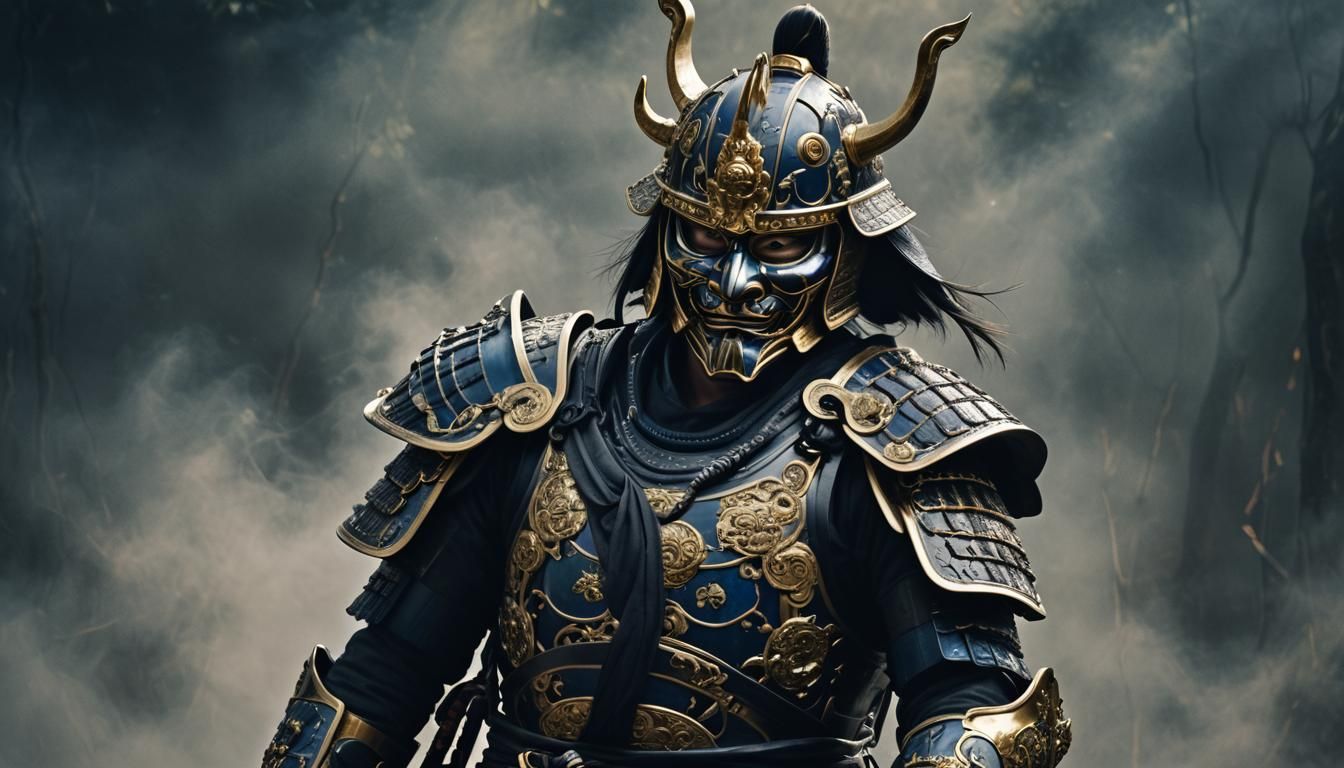 Samurai in Intricate Black and Blue Armor