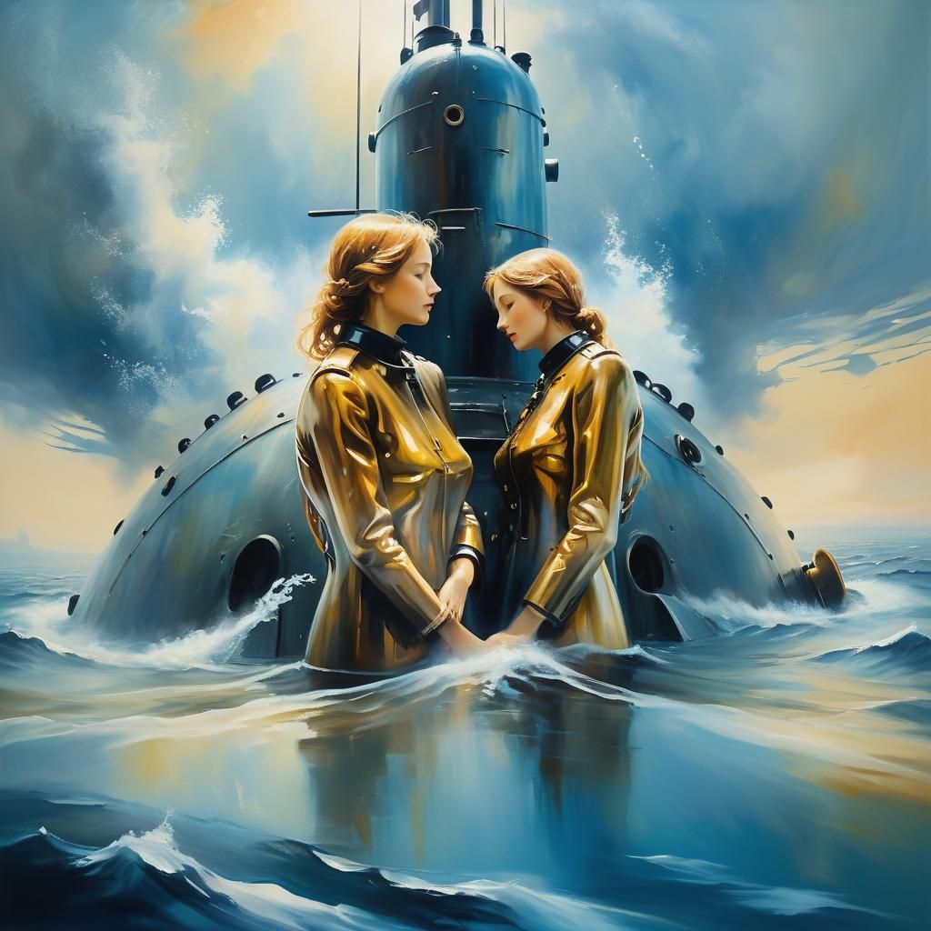 Surrealist Embrace on Submarine Deck in Dreamlike Oil Painti...