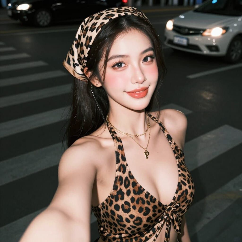 Beautiful Thai Woman in Leopard Print Nighttime Portrait