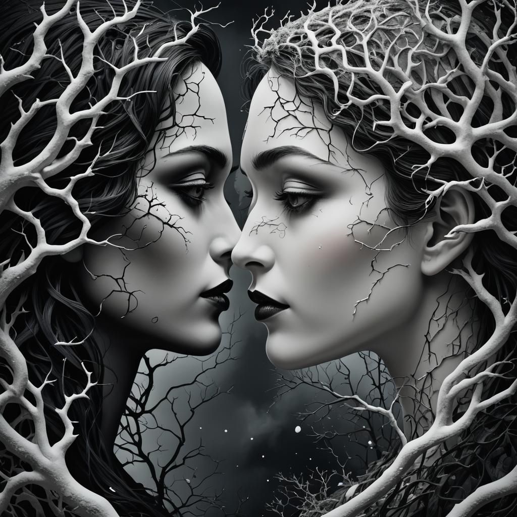 Two Faces in High Contrast, One White, One Black, in Opposit...