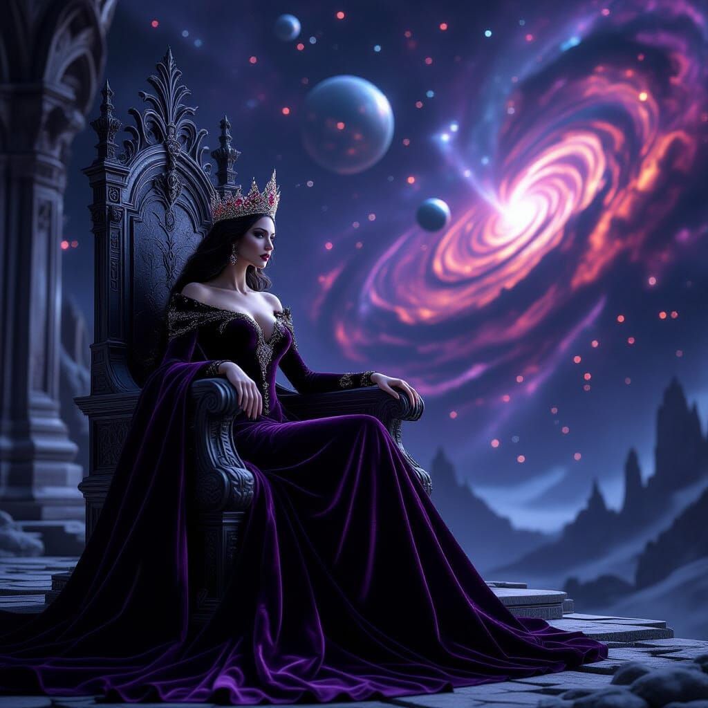 Gothic Queen on Throne Gazing at Cosmic Nebula