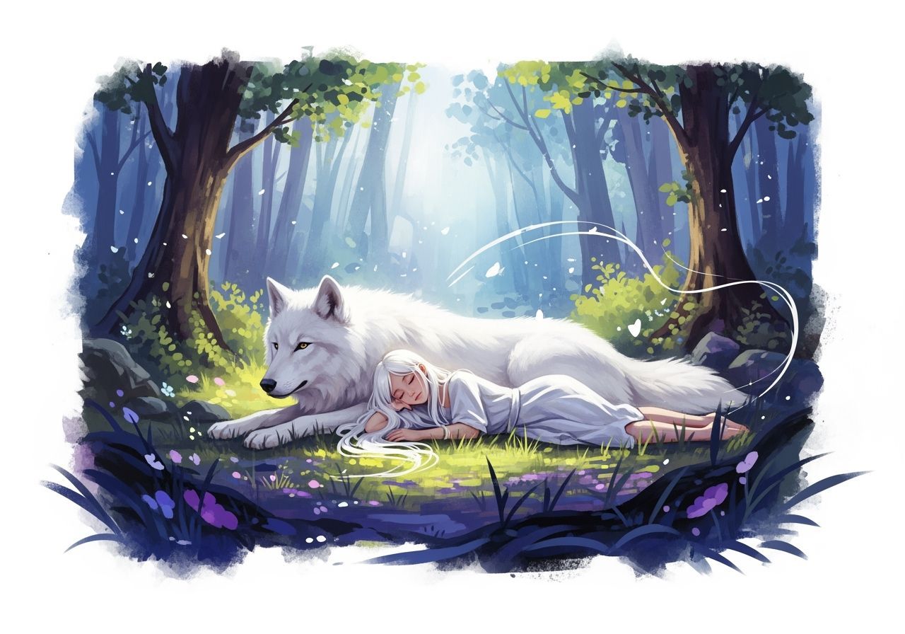 Fantasy Girl and White Wolf in Watercolor Forest