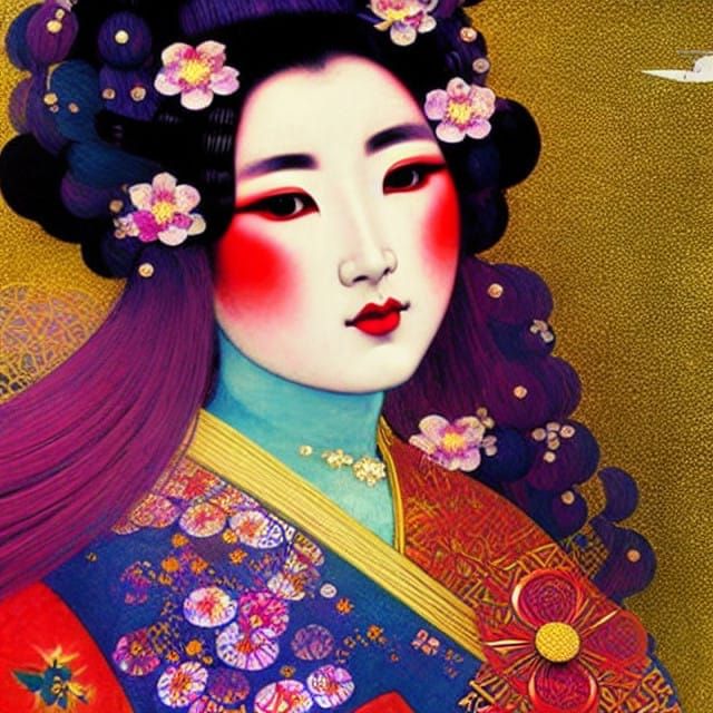 Cinematic Geisha Goddess Amidst Vibrant Cherry Blossoms and...