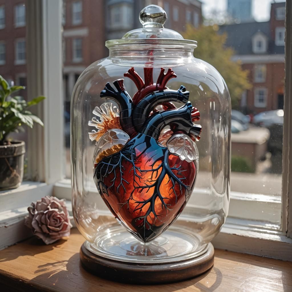 Crystal Heart in Glass Jar on Windowsill