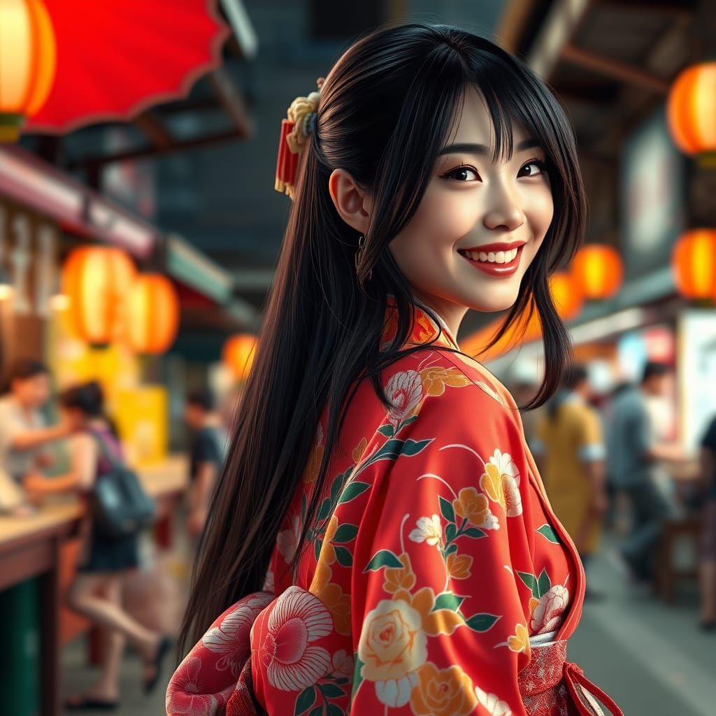 Woman in Yukata at Japanese Festival, Hyper-Realistic