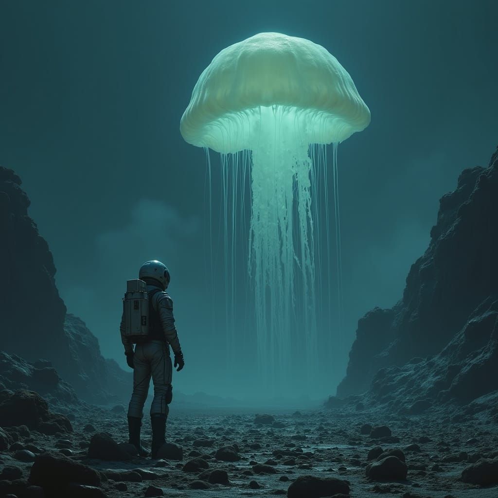 Astronaut Gazing at Bioluminescent Jellyfish on Alien Planet