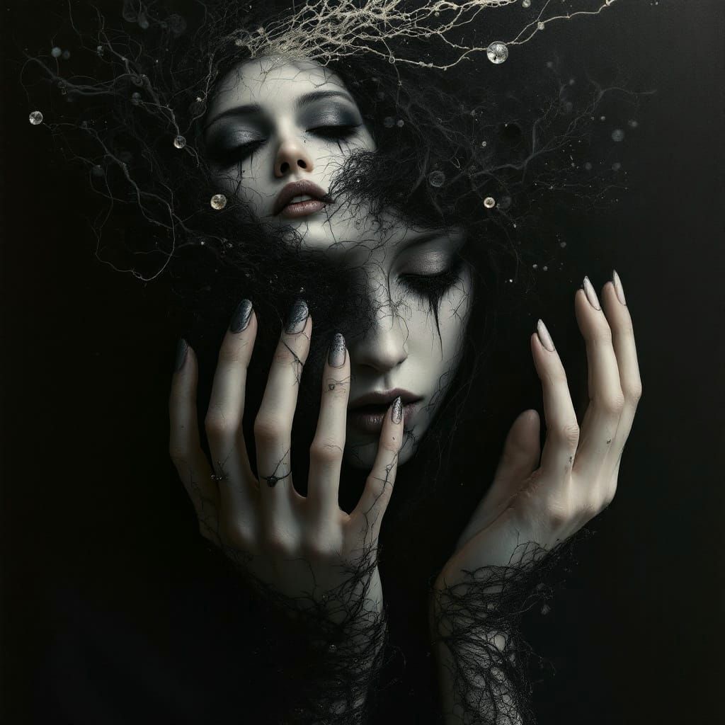 Ethereal Gothic Faery Goddess in Black Baroque Oil Painting