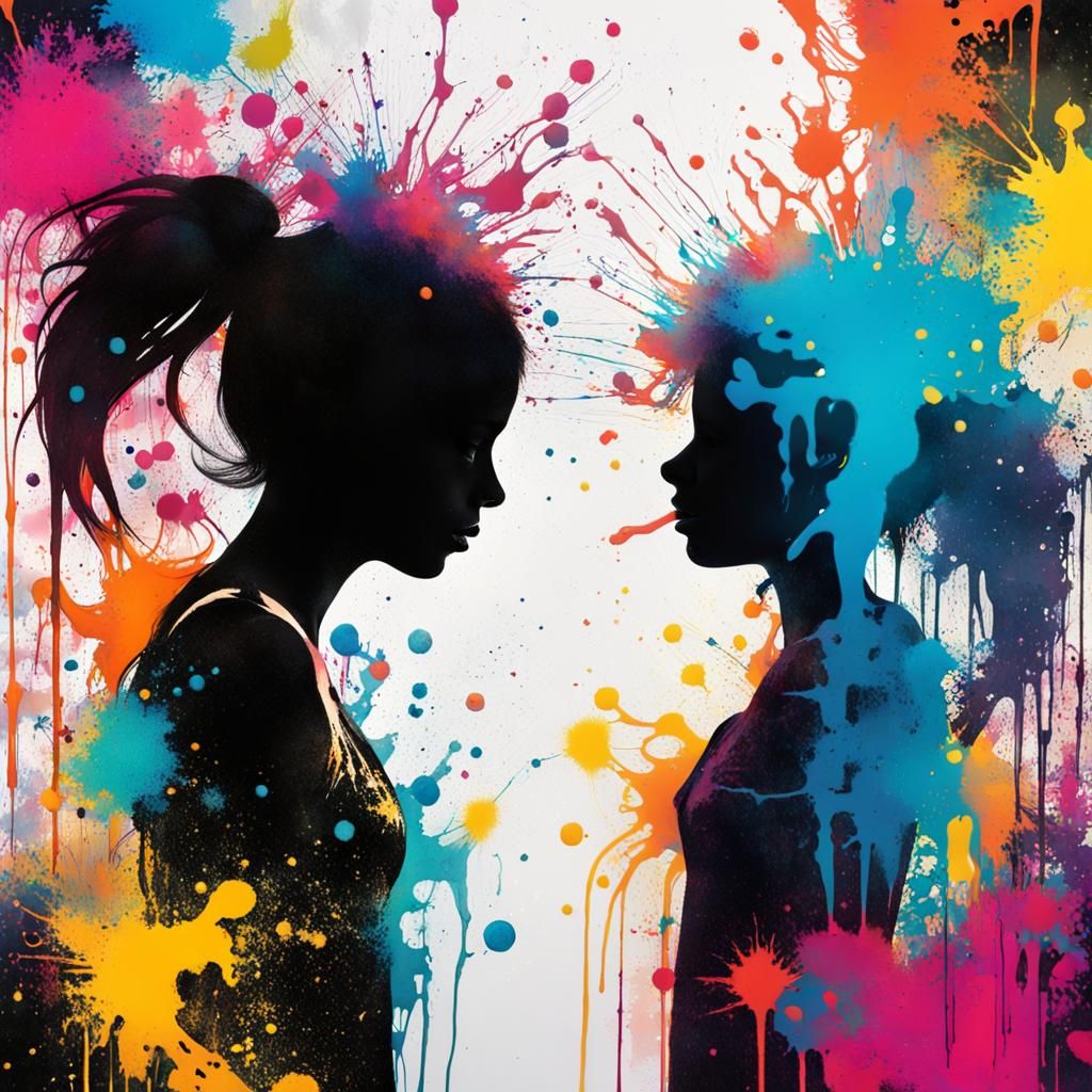 Colorful Graffiti Art: Double Exposure Girl Silhouette