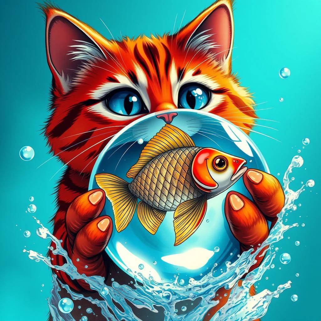 A magnificent cartoon comic cat with big blue eyes and red s...