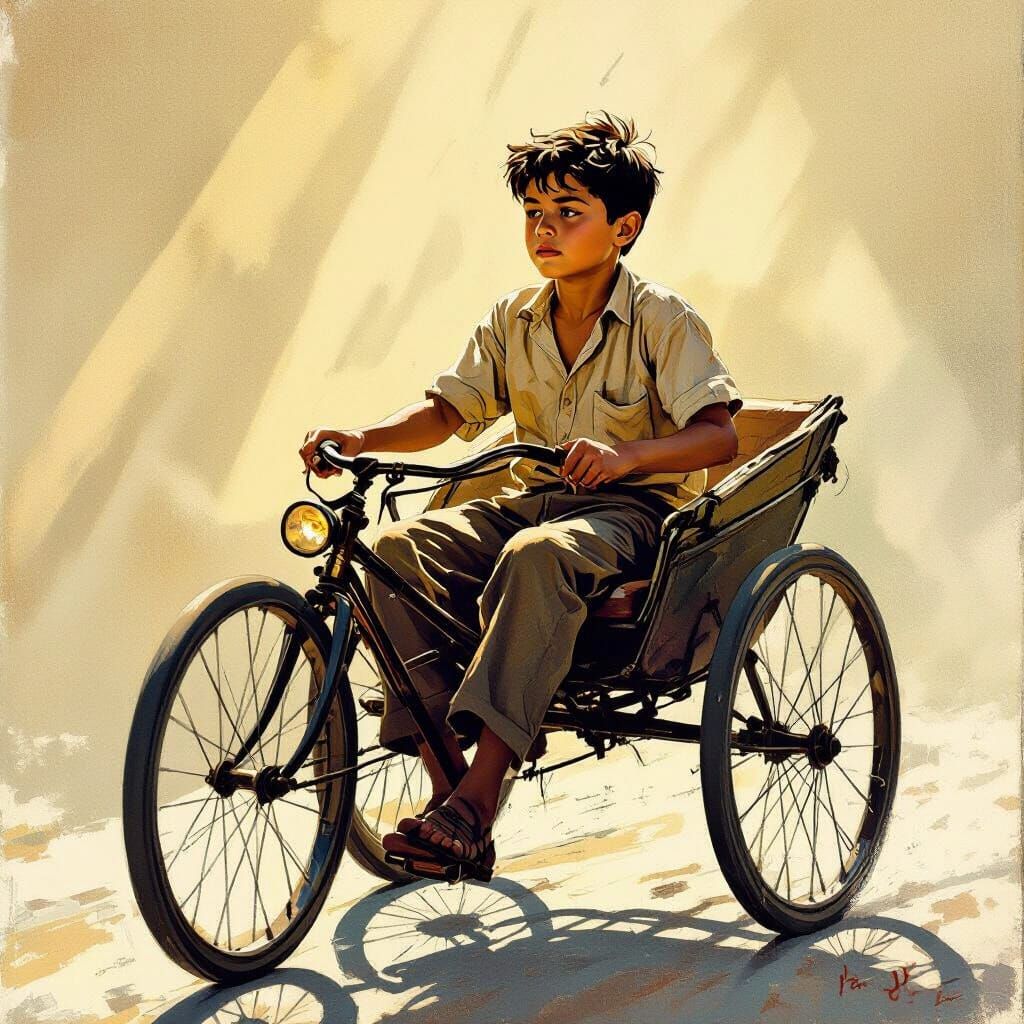 Boy Pulls Rickshaw with Effort in Dramatic Light