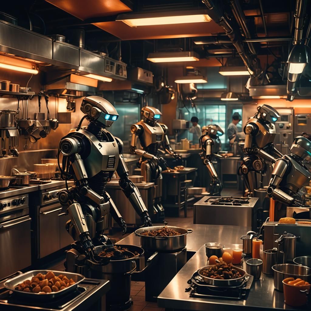 Robots Manning a Kitchen: Cinematic Film Still