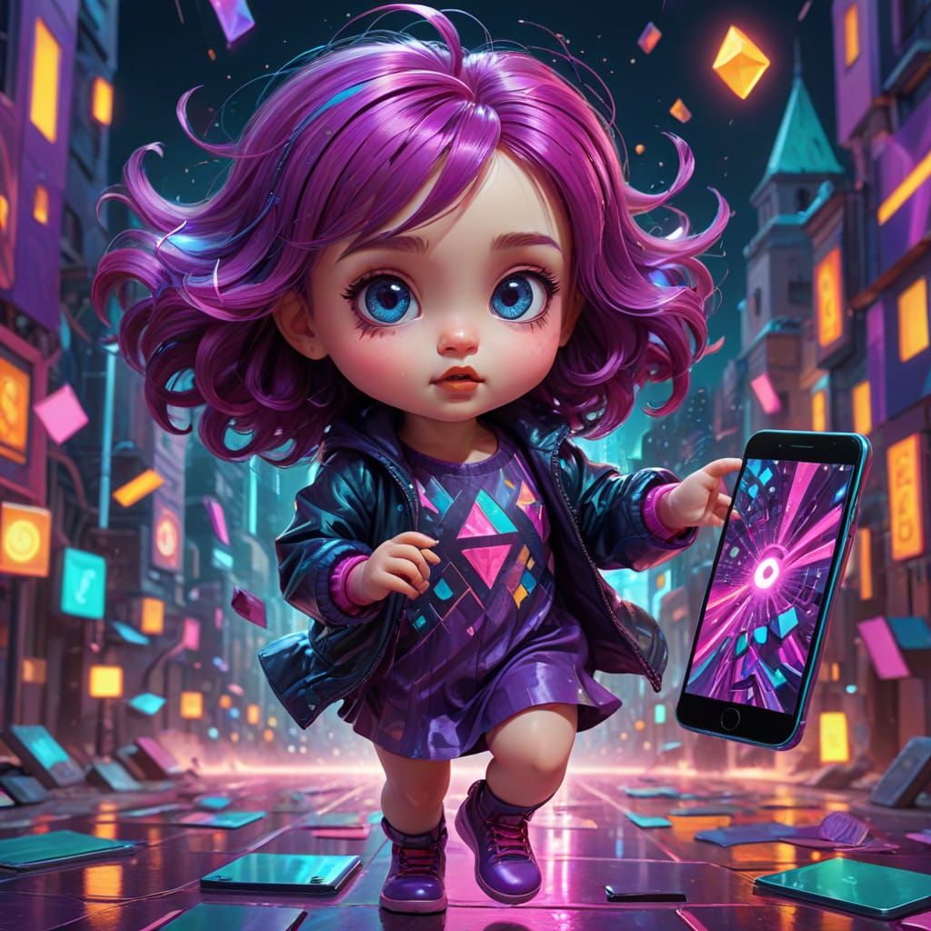Gothic Surrealism Chibi Girl with Smartphone in Hyper Realis...