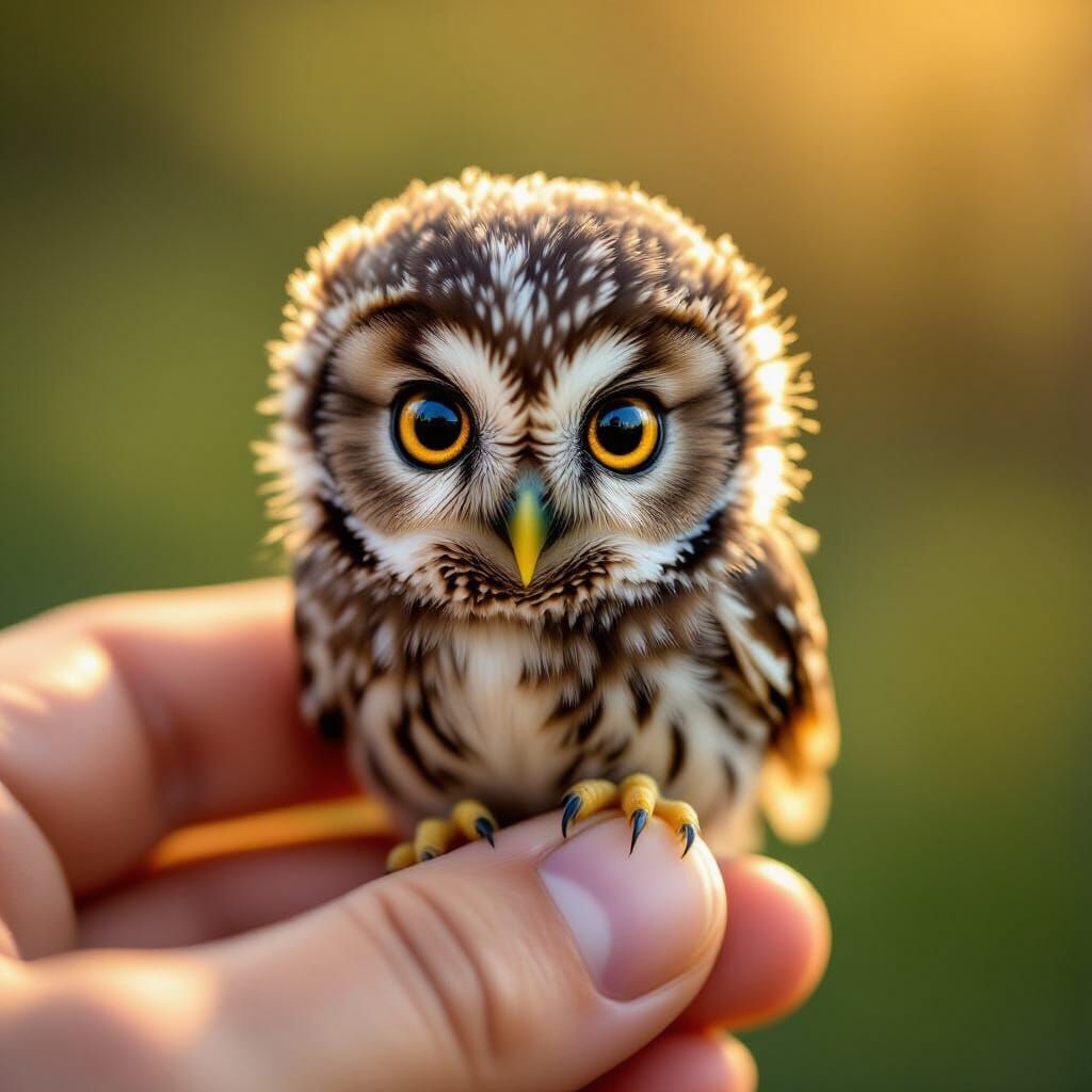 Tiny Baby Owl on Thumb: Macro Photorealism