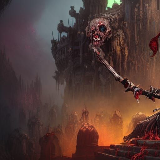 Zombie Warrior King on Skull Throne: Detailed Matte Painting