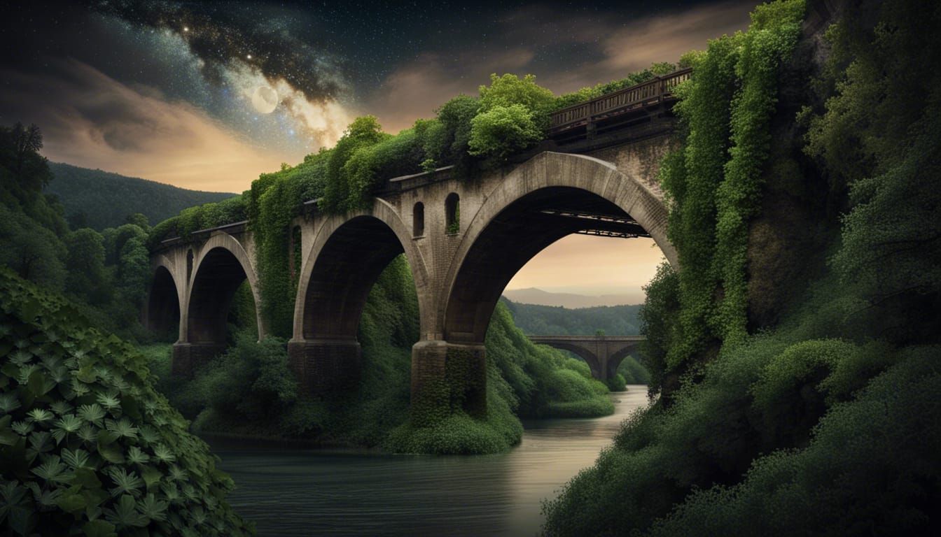 Ancient Ivy-Covered Bridge at Twilight