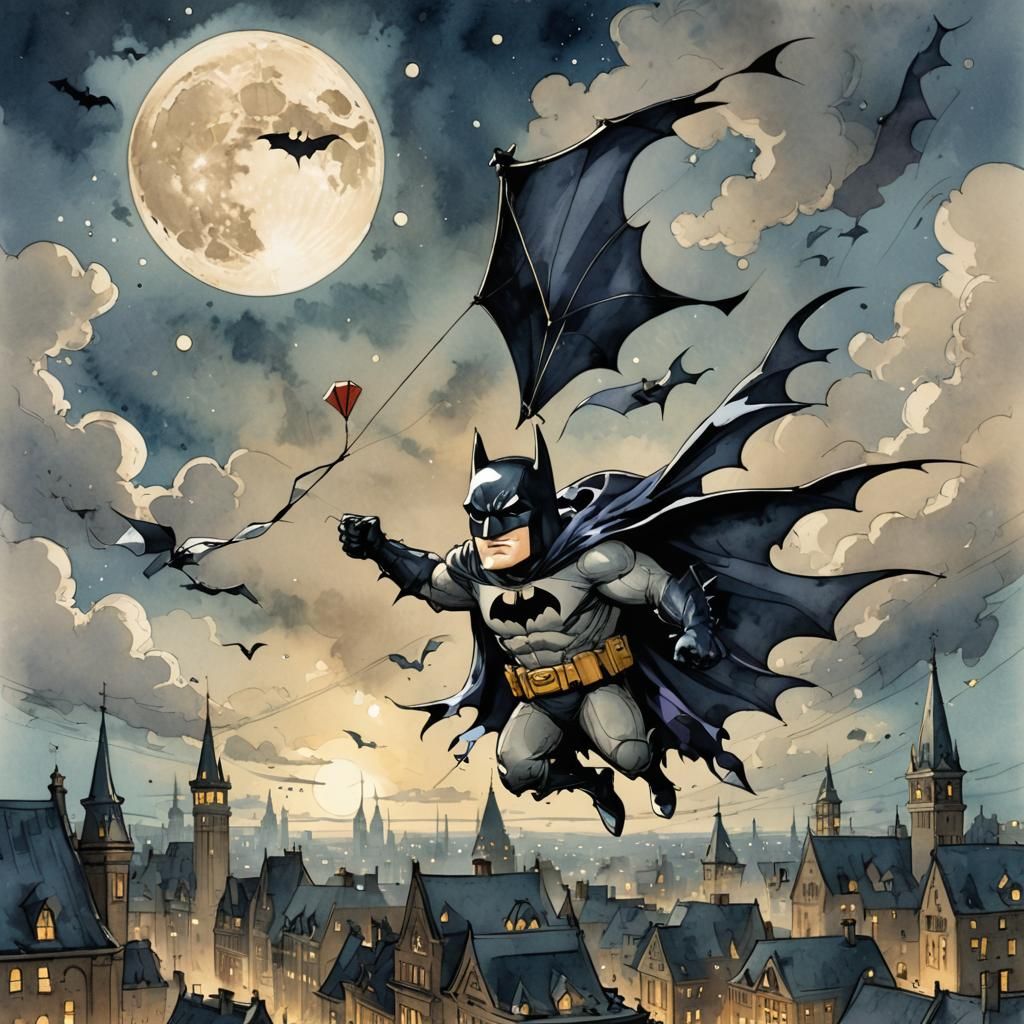 Batman Soaring Over Gotham: Watercolor Storybook Illustratio...