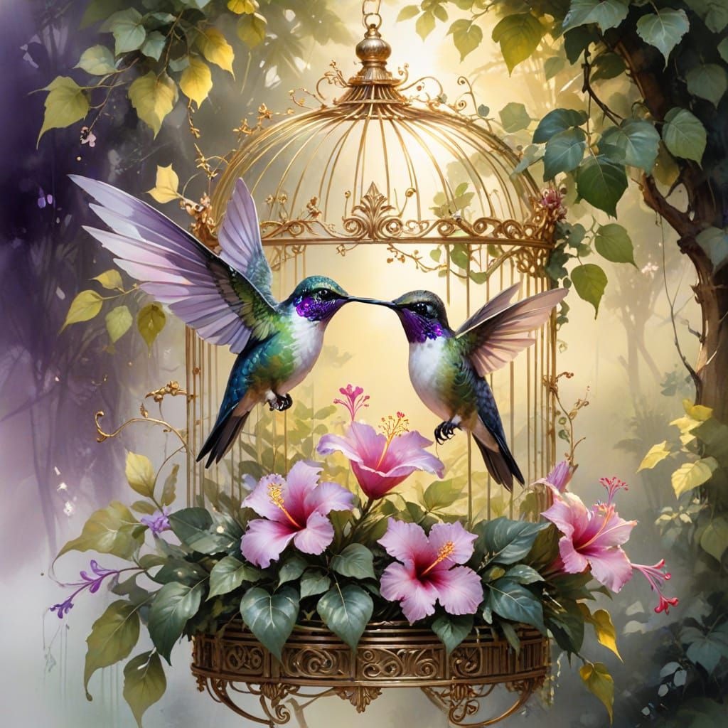 Iridescent Hummingbirds in Ornate Golden Cage