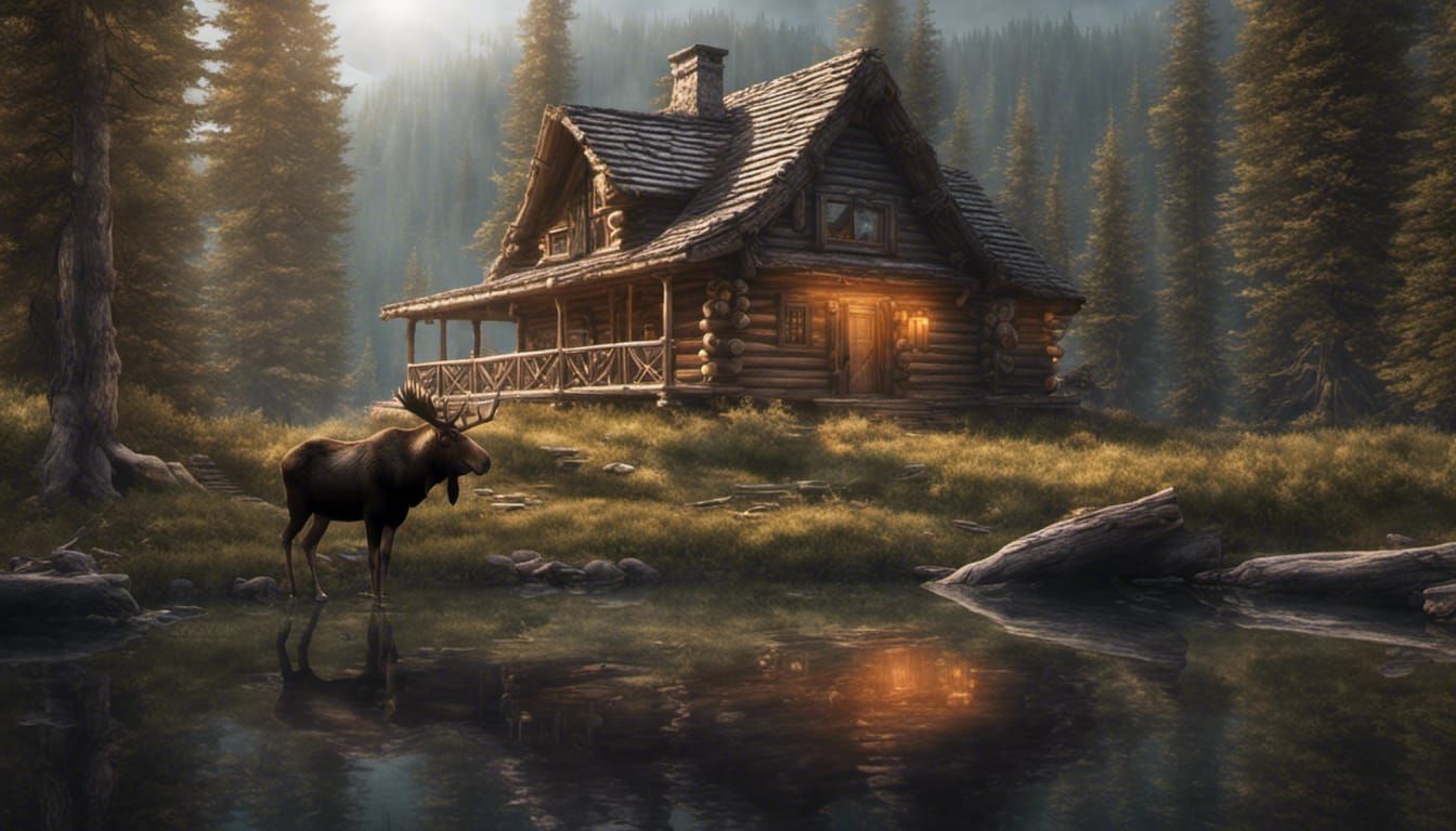 Log Cabin and Moose: Digital Matte Painting