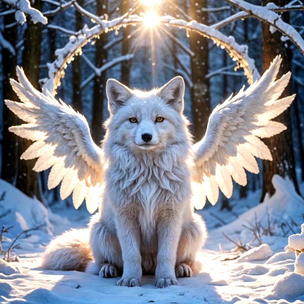 Angelic Snow Fox Wrapped in Wings