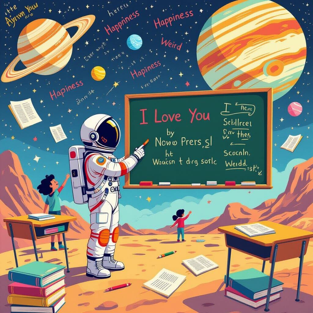 Psychedelic Space Teacher with Floating School Supplies