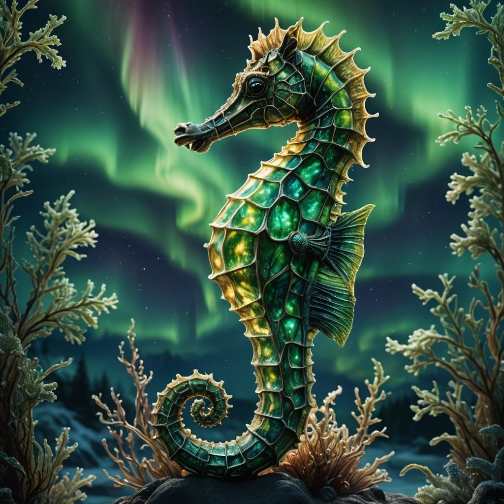 Aurora Borealis Seahorse in Hyperrealistic Style