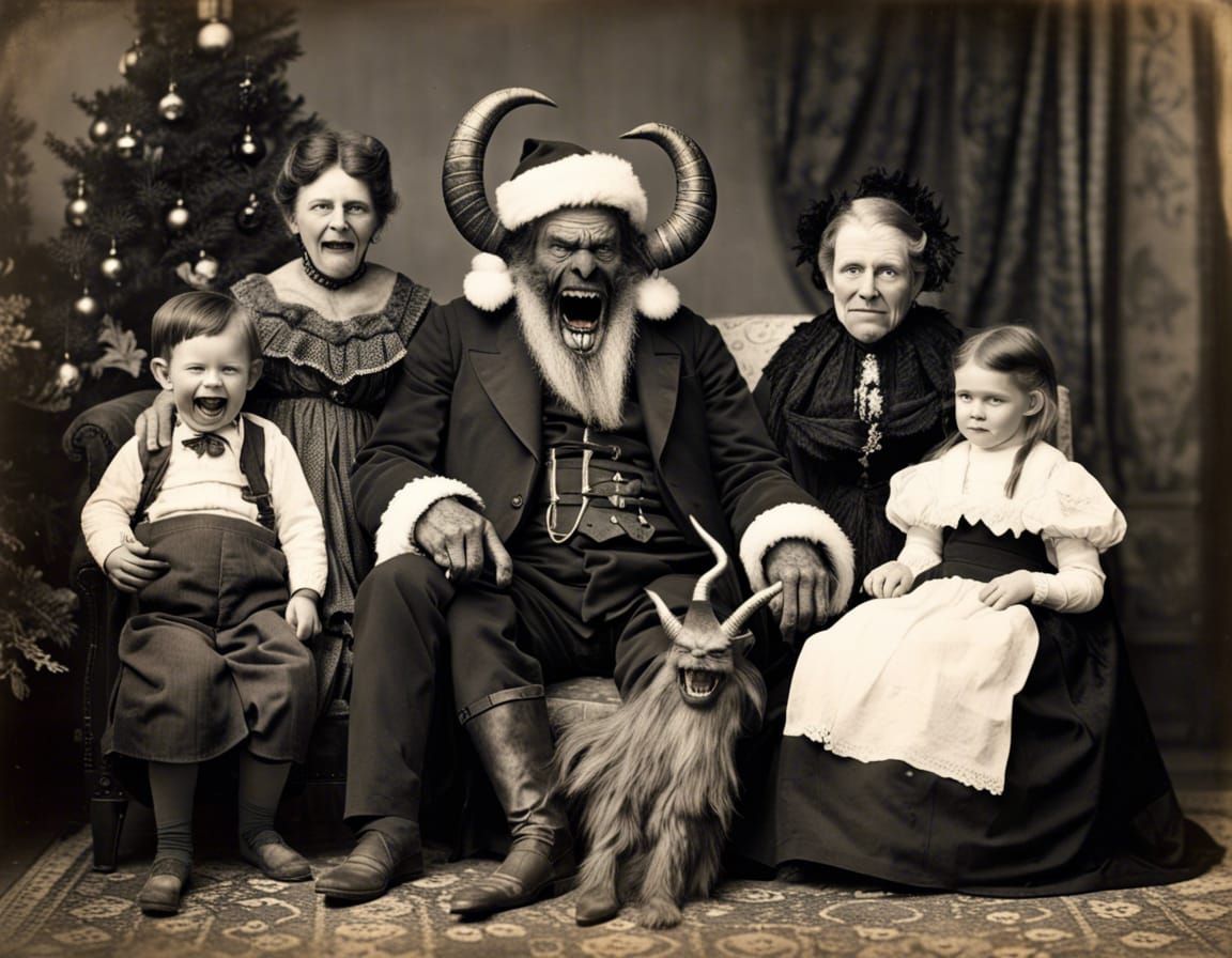 Creepy Krampus with Victorian Family: Vintage Photograph