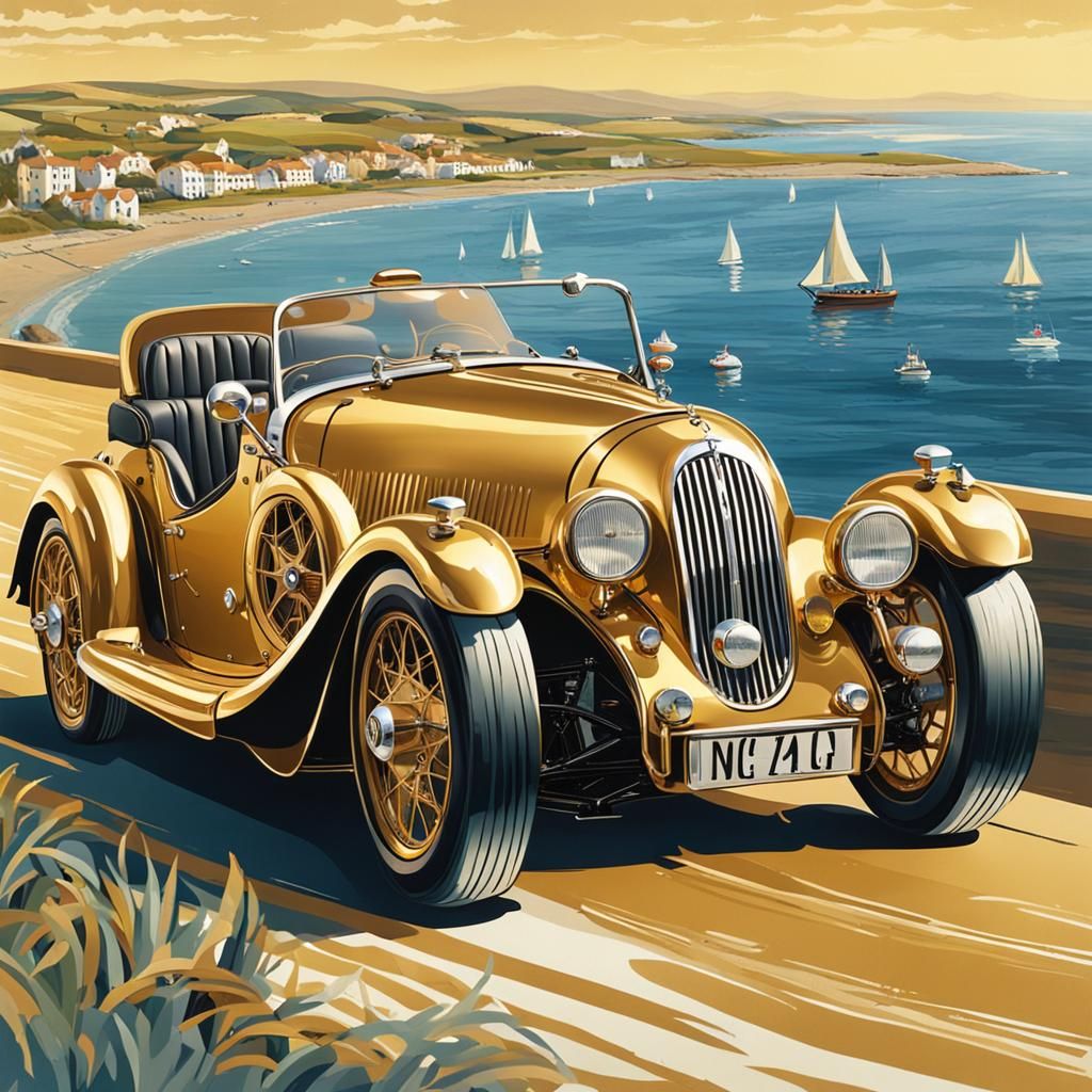 Golden Morgan Car at the Beach with Cat