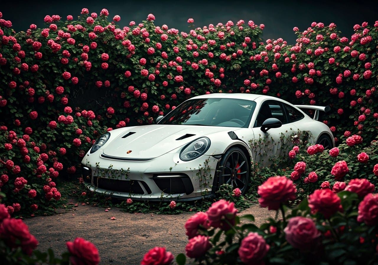 Ethereal Porsche 911 GT3 Enshrouded by Wild Roses in a Forgo...