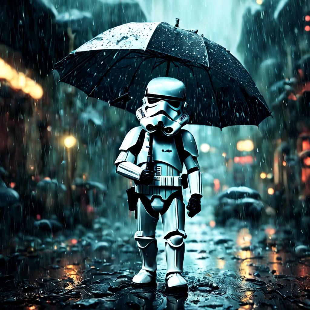 Stormtrooper with Umbrella in Rain, Digital Illustration