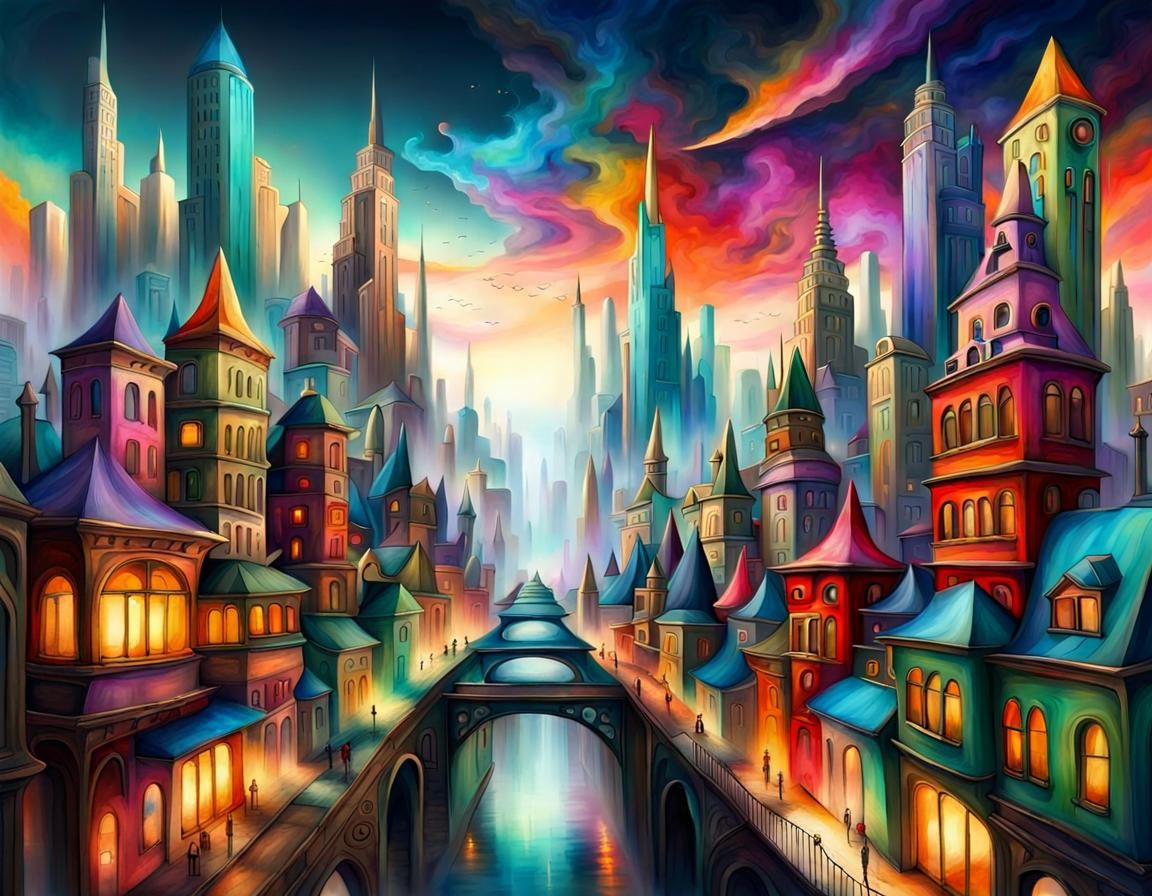 Vibrant Surreal Fantasy Cityscape Masterpiece